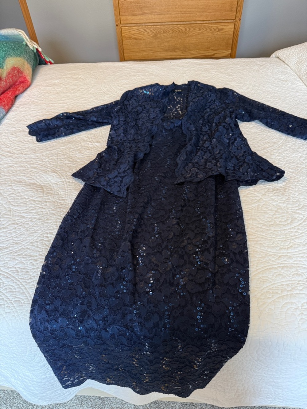 SLNY Navy Lace Sequin Dress with Matching Jacket Mother of the Bride. Worn once - Picture 4 of 4